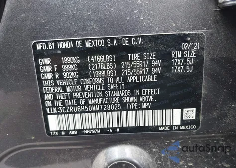 2021 Honda Hr-V Awd Ex из США, поврежденный, VIN 3CZRU6H50MM728025